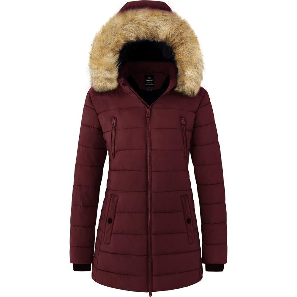 Women's Puffer Jacket Coat Wine Red Fur Puffer Hood Winter Snowy Weather Warm